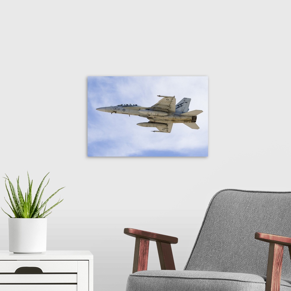 A modern room featuring A Royal Australian Air Force F/A-18F Super Hornet taking off.