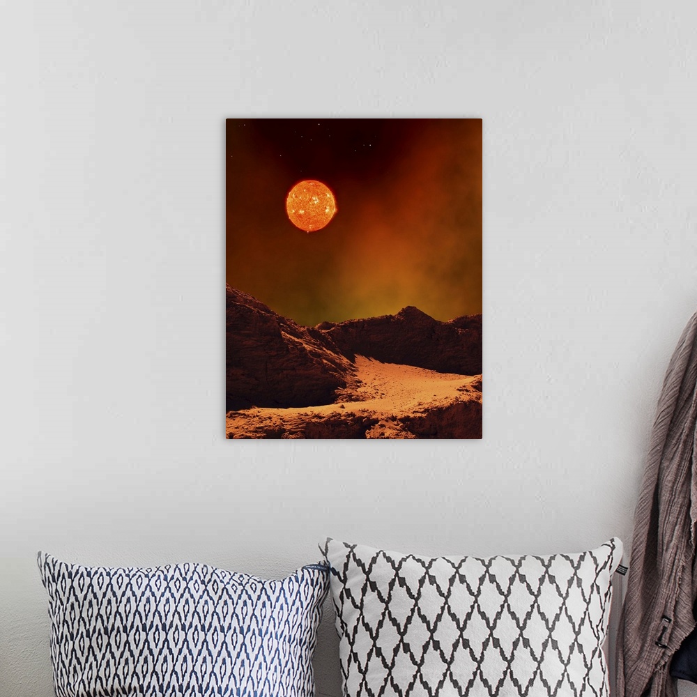 A bohemian room featuring A rugged planet landscape dimly lit by a distant red star