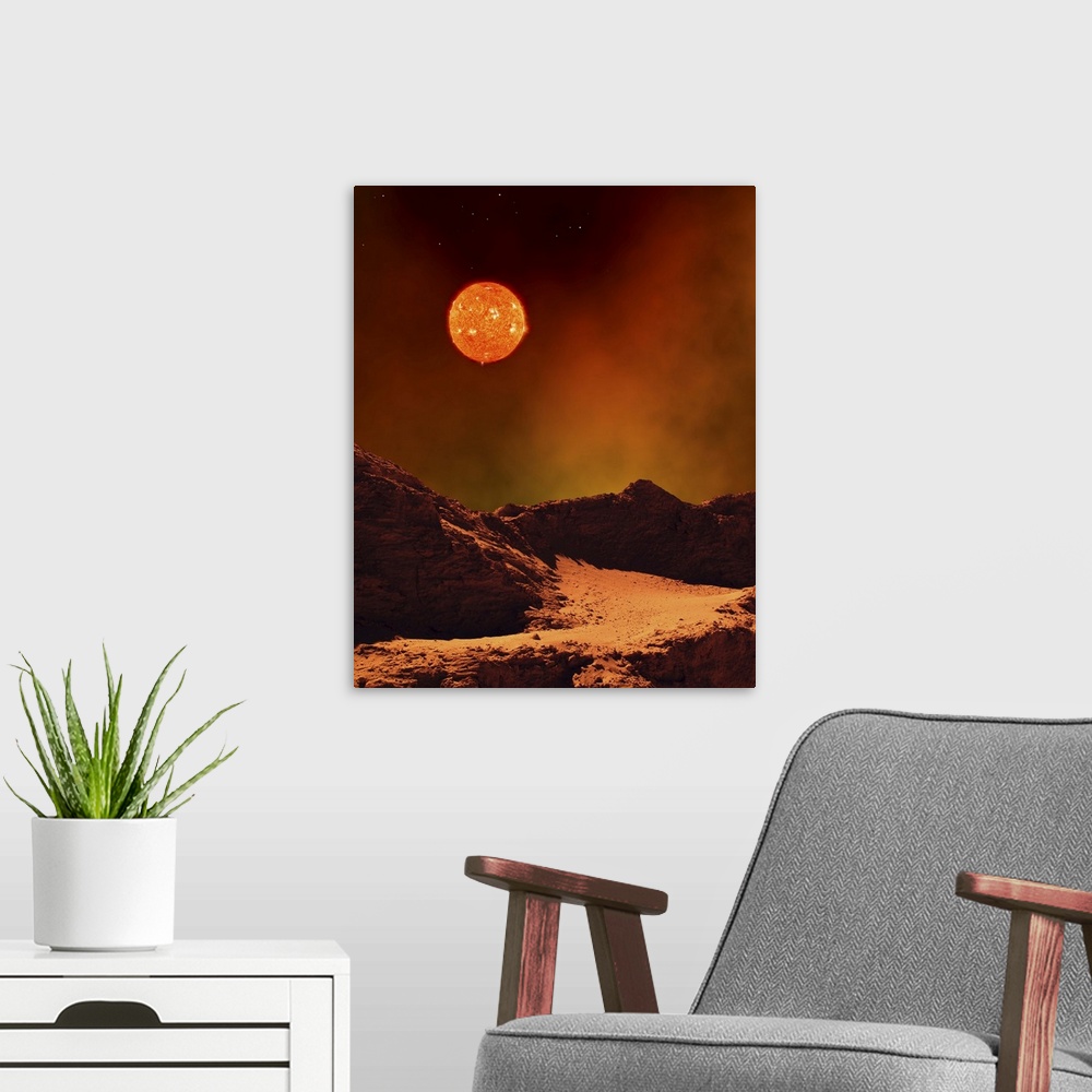 A modern room featuring A rugged planet landscape dimly lit by a distant red star