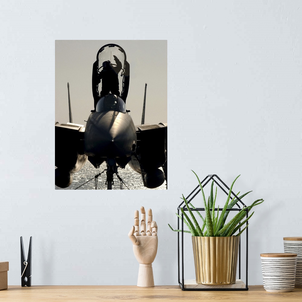 A bohemian room featuring A Sailor cleans the canopy of a F-14B Tomcat.