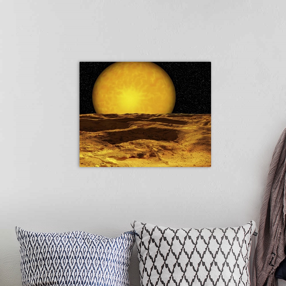 A bohemian room featuring A scene on a moon of Upsilon Andromeda b, a recently discovered extrasolar planet. It is a super-...