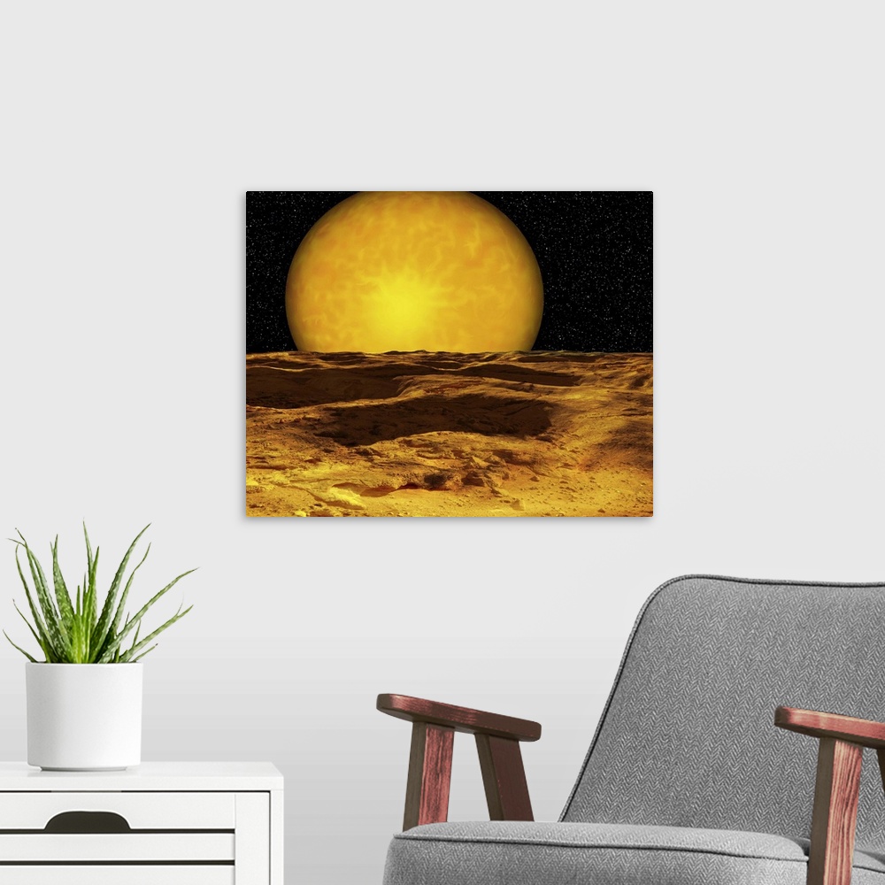 A modern room featuring A scene on a moon of Upsilon Andromeda b, a recently discovered extrasolar planet. It is a super-...