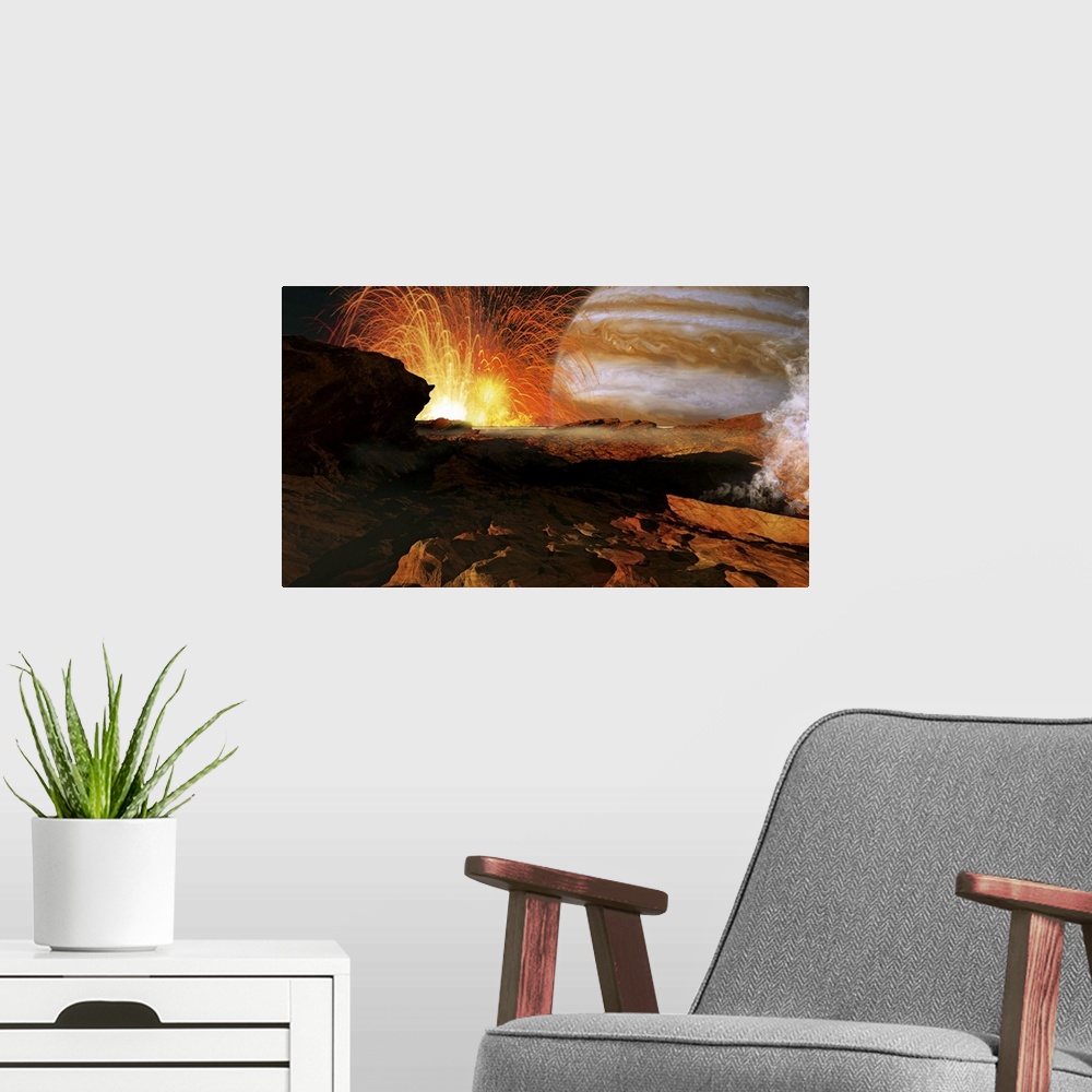 A modern room featuring A scene on Jupiter's moon, Io, the most volcanic body in the solar system.