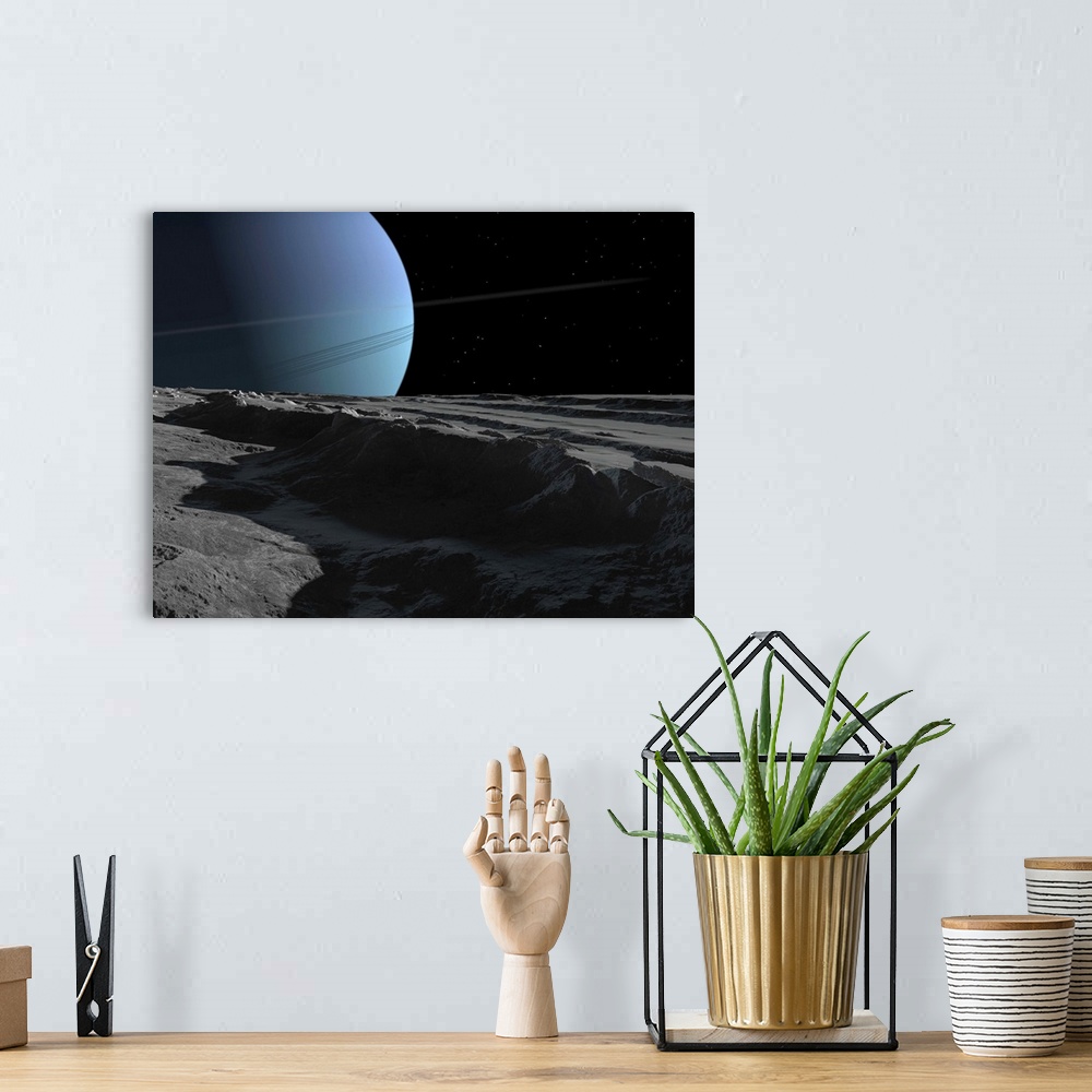 A bohemian room featuring A scene on the tortured, wrinkled terrain of Miranda, one of Uranus' many moons.
