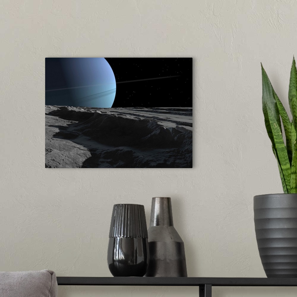 A modern room featuring A scene on the tortured, wrinkled terrain of Miranda, one of Uranus' many moons.