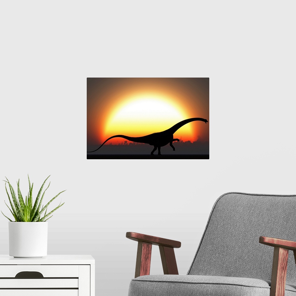 A modern room featuring A silhouetted Diplodocus dinosaur takes a defensive stance as danger approaches at the start of a...