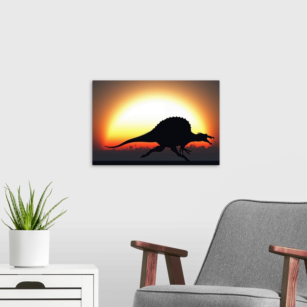 A modern room featuring A silhouetted Spinosaurus sprinting against a setting set at the end of another Jurassic day.