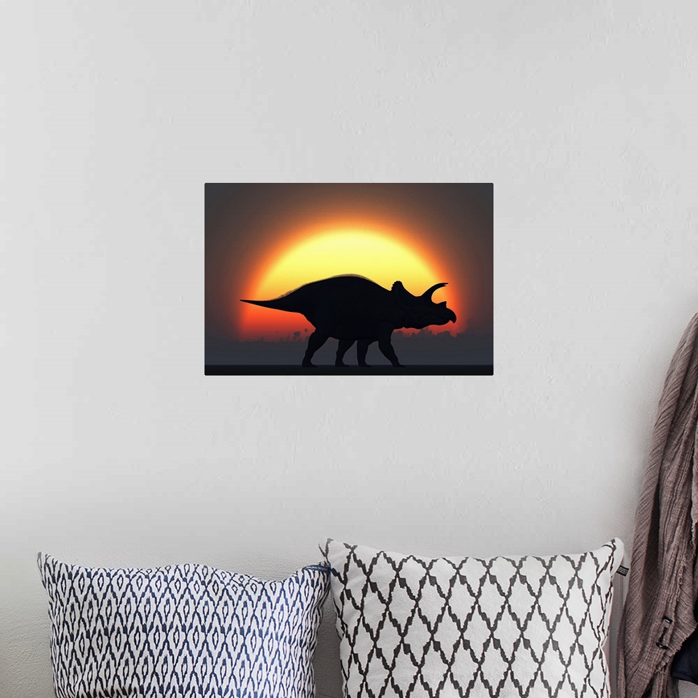 A bohemian room featuring A silhouetted Triceratops strolling past a setting Sun at the end of a prehistoric day.