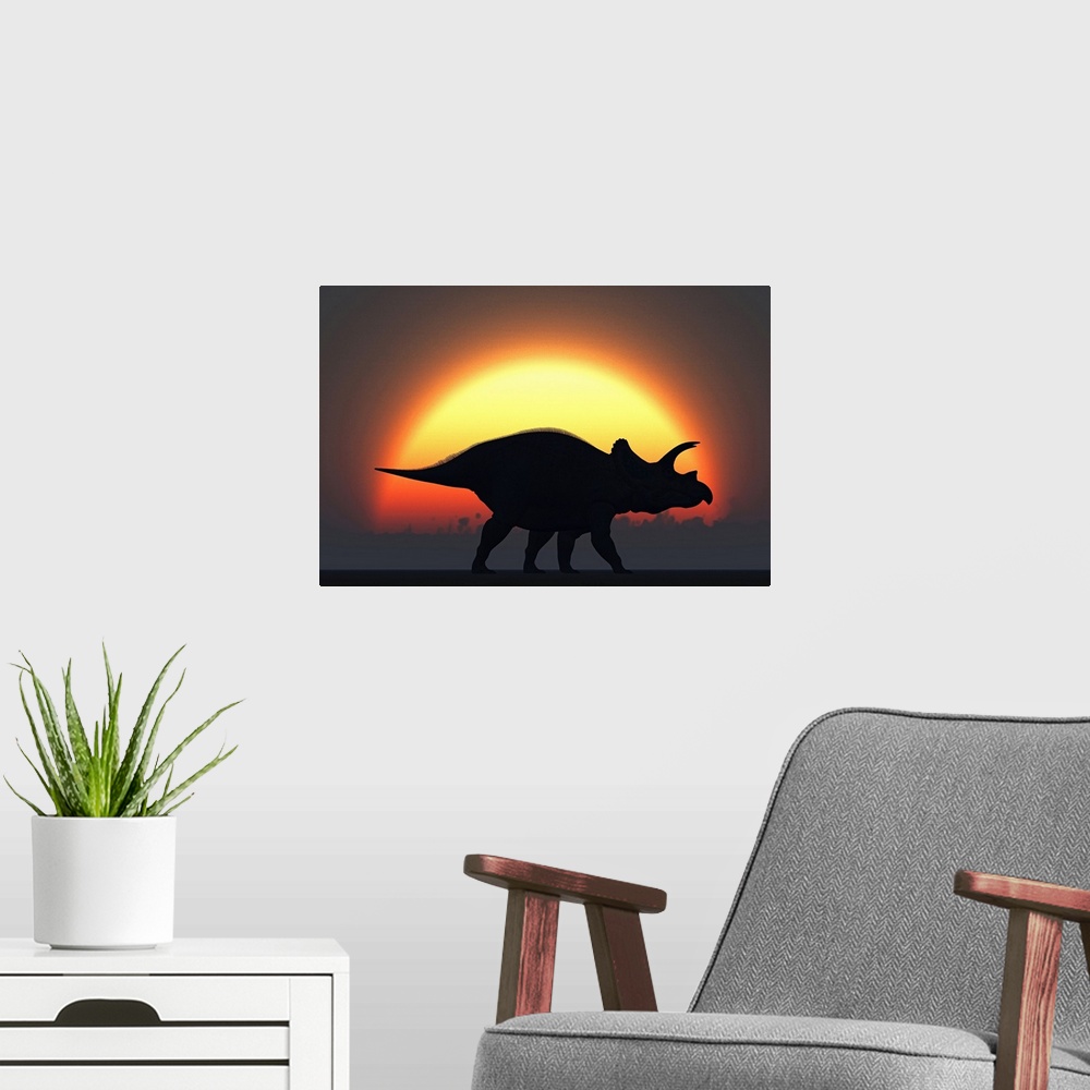 A modern room featuring A silhouetted Triceratops strolling past a setting Sun at the end of a prehistoric day.