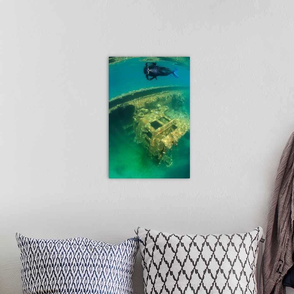 A bohemian room featuring A snorkeler swims above a shipwreck in Palau's inner lagoon.
