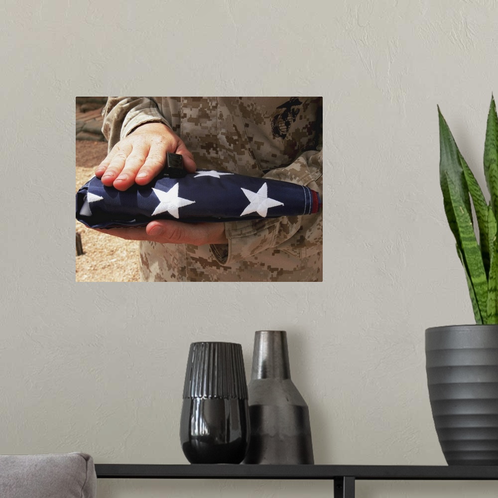 A modern room featuring A soldier holds the United States flag.