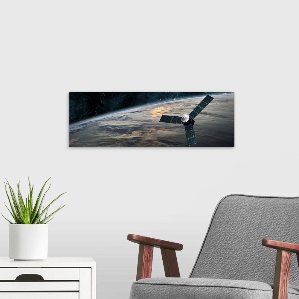 A modern room featuring A space probe investigates a cloud covered planet in outer space.