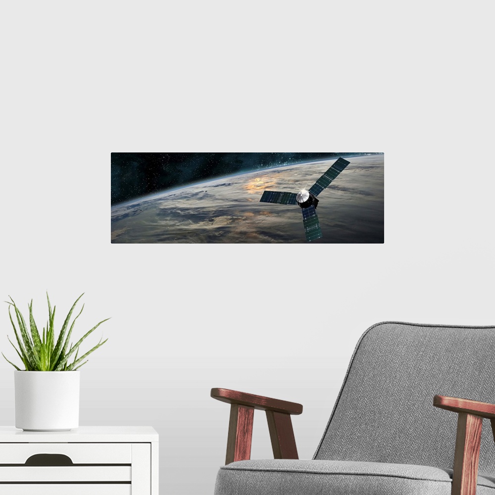 A modern room featuring A space probe investigates a cloud covered planet in outer space.