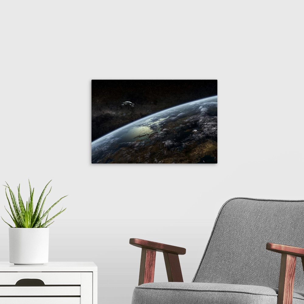 A modern room featuring A space station orbits a planet that is known for its dangerous fauna and flora. This planet is k...
