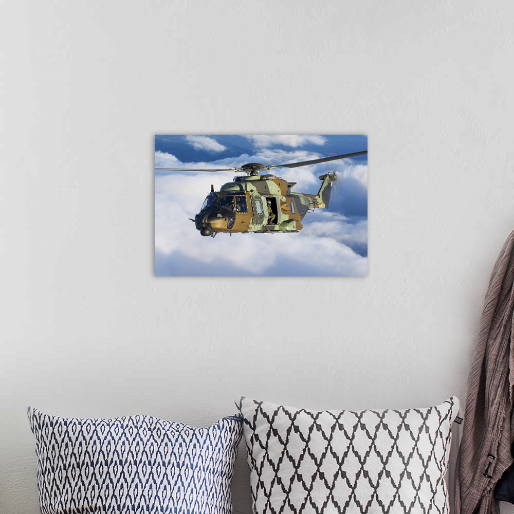 A bohemian room featuring A Spanish Army NH90 transport helicopter during a training flight from its homebase in Logrono, S...