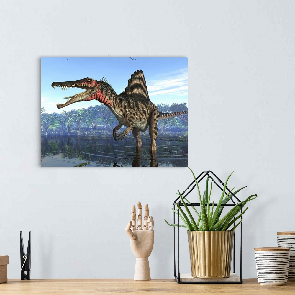 A bohemian room featuring An eight ton Spinosaurus searches for its next meal 95 million years ago in shallow waters of wha...