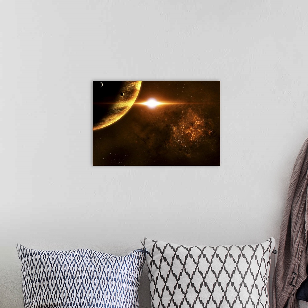 A bohemian room featuring A star going critical illuminates a nearby planet and nebula.