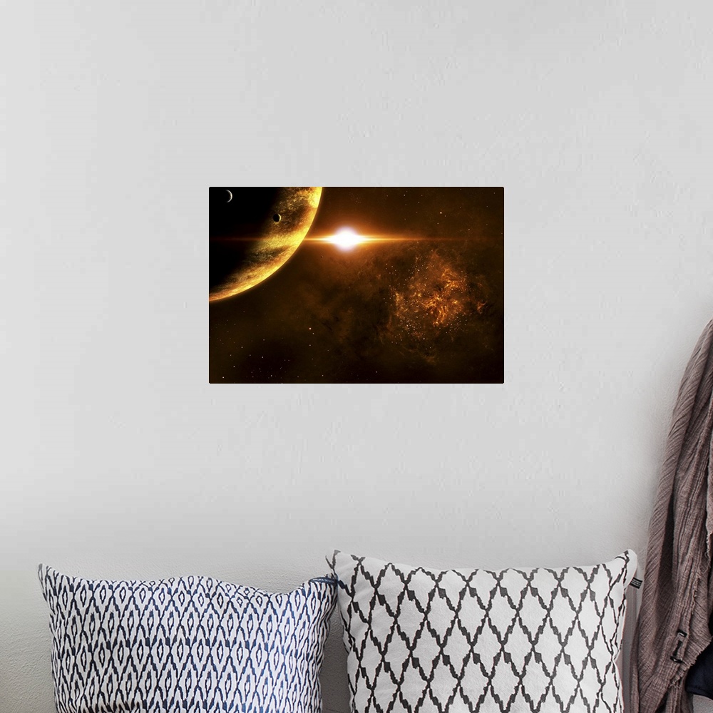 A bohemian room featuring A star going critical illuminates a nearby planet and nebula.
