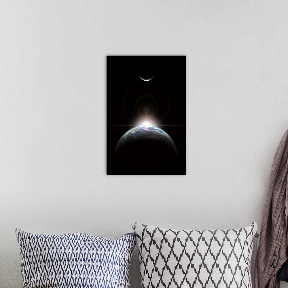A bohemian room featuring A star rising over an Earth-like planet and illuminating it's lone moon.