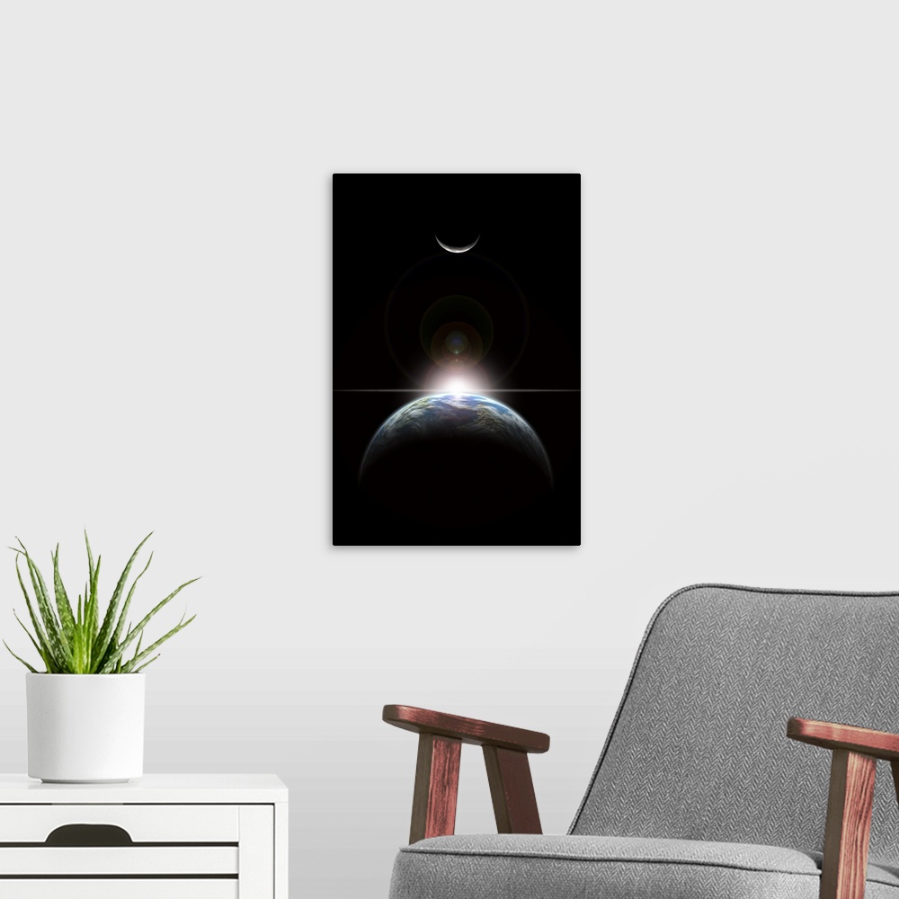 A modern room featuring A star rising over an Earth-like planet and illuminating it's lone moon.