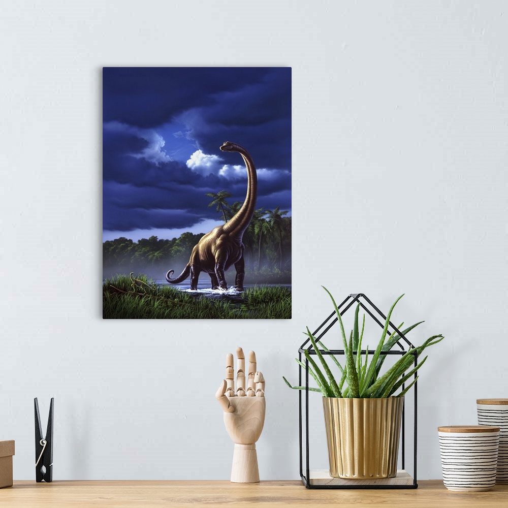 A bohemian room featuring A startled Brachiosaurus splashes through a swamp against a stormy sky.