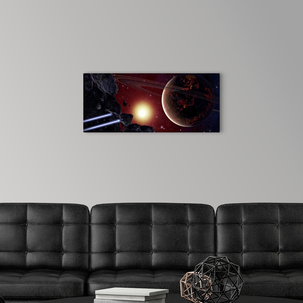 A modern room featuring A stealth fighter en route to Hades, a ringed planet. The stealth fighter is leaving the cover of...