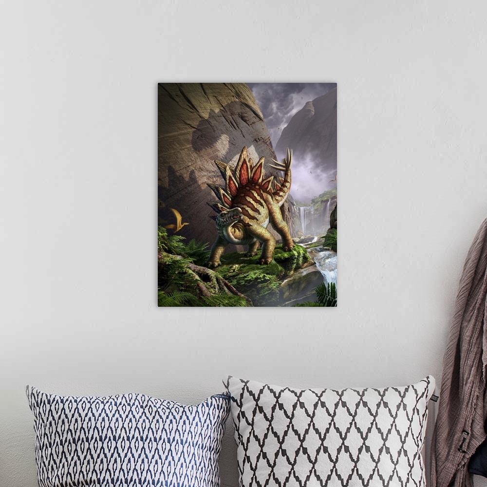 A bohemian room featuring A Stegosaurus is surprised by an Allosarous while feeding in a lush gorge.