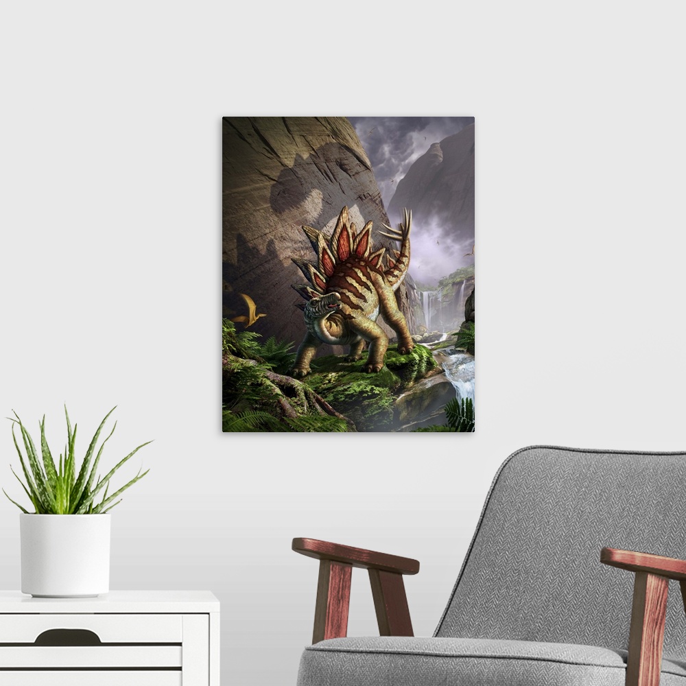 A modern room featuring A Stegosaurus is surprised by an Allosarous while feeding in a lush gorge.
