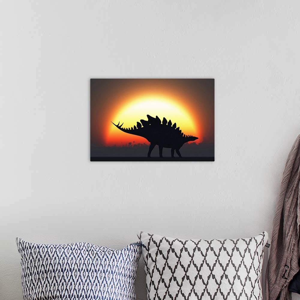 A bohemian room featuring A Stegosaurus silhouetted against the setting Sun at the end of a prehistoric day.