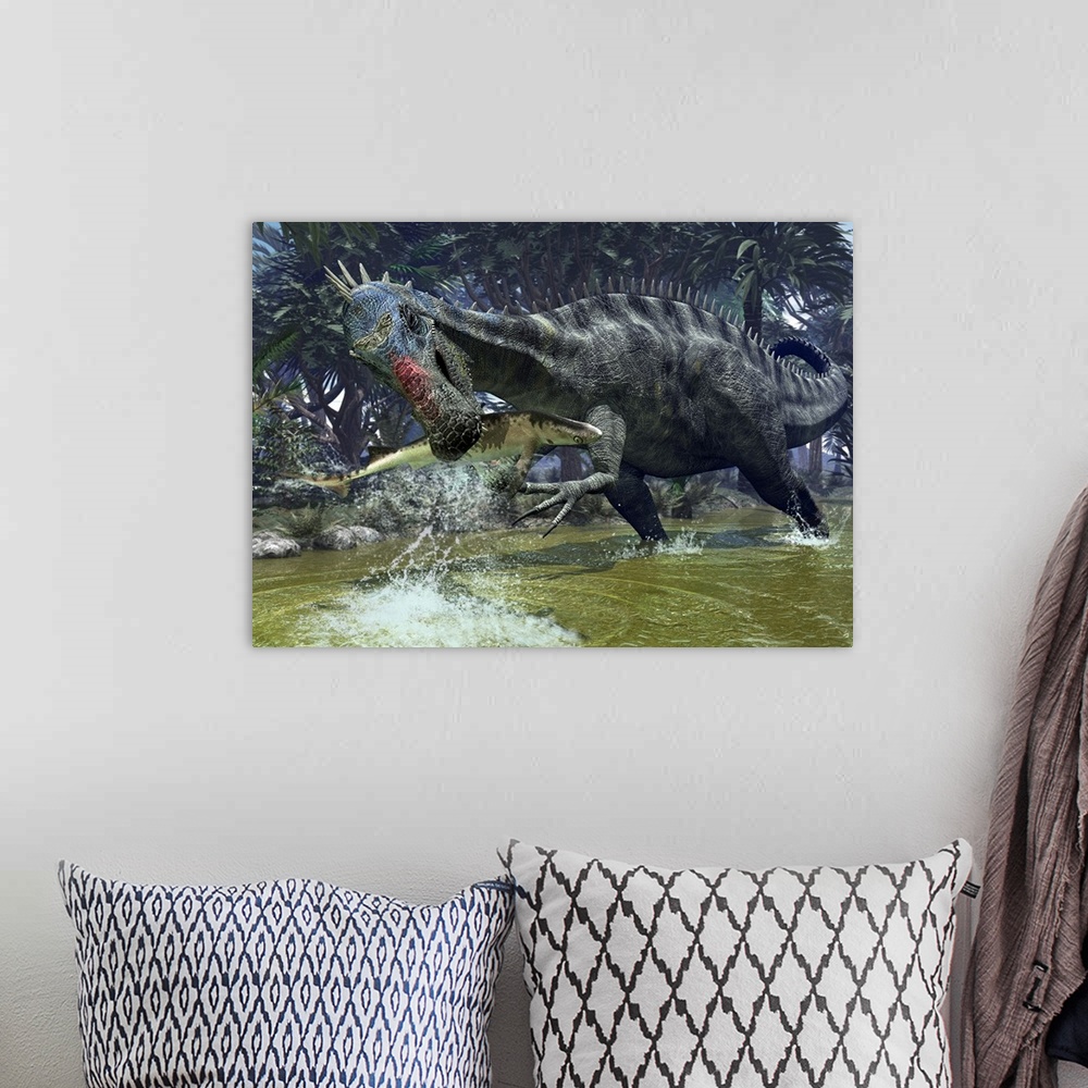 A bohemian room featuring A five ton, Early Cretaceous Suchomimus snags a shark from a lush estuary near the ancient Tethys...