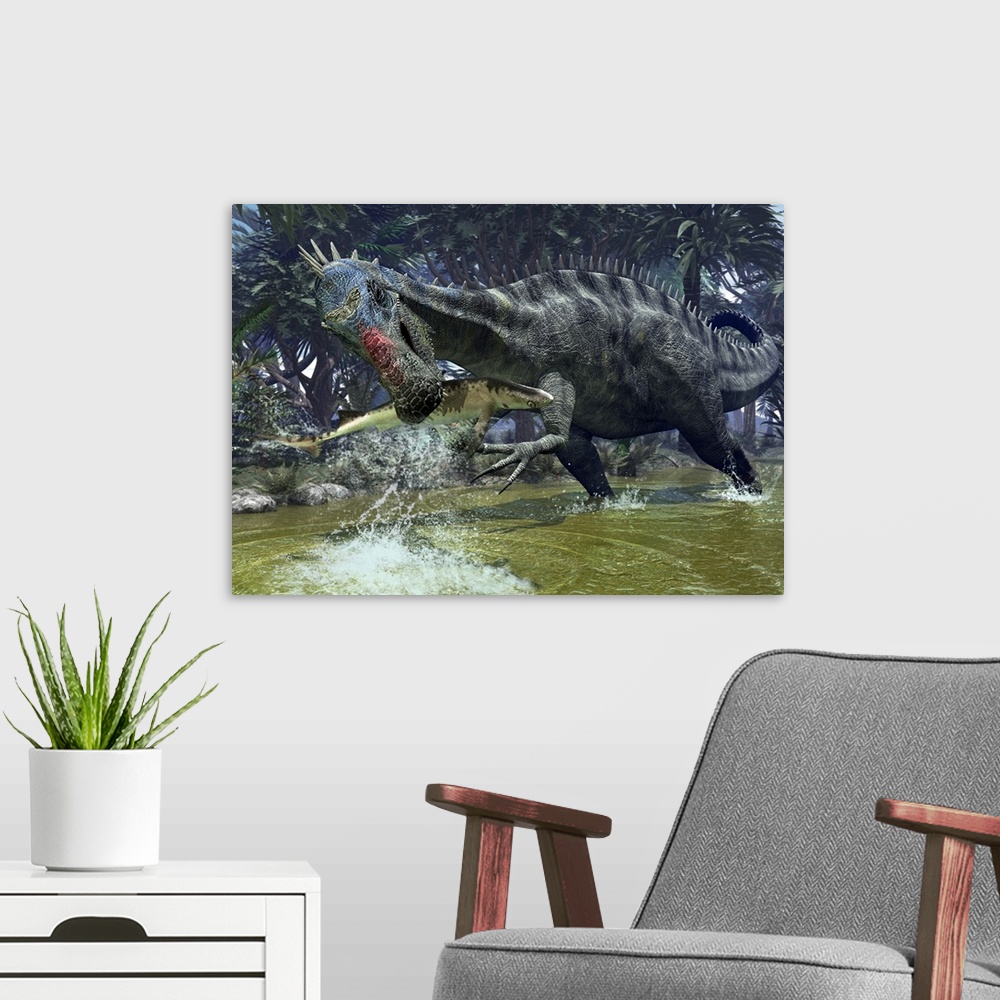 A modern room featuring A five ton, Early Cretaceous Suchomimus snags a shark from a lush estuary near the ancient Tethys...