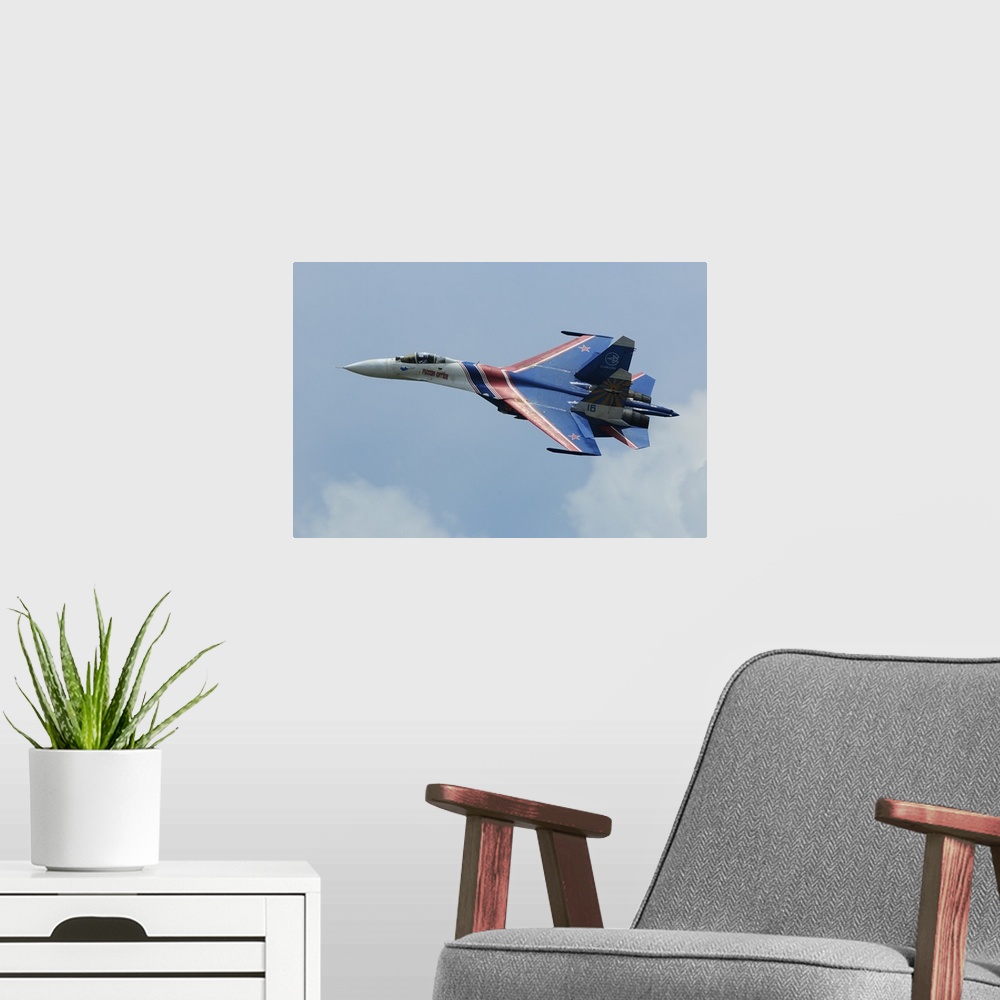 A modern room featuring A Sukhoi Su-27 Flanker of the Russian Knights aerobatic team.