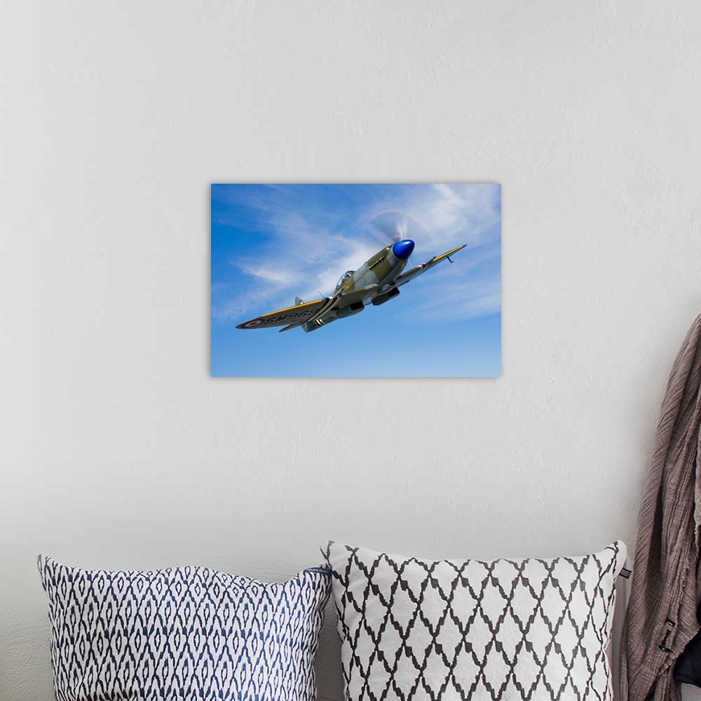 A bohemian room featuring A Supermarine Spitfire Mk-18 in flight near West Chester County, Pennsylvania.