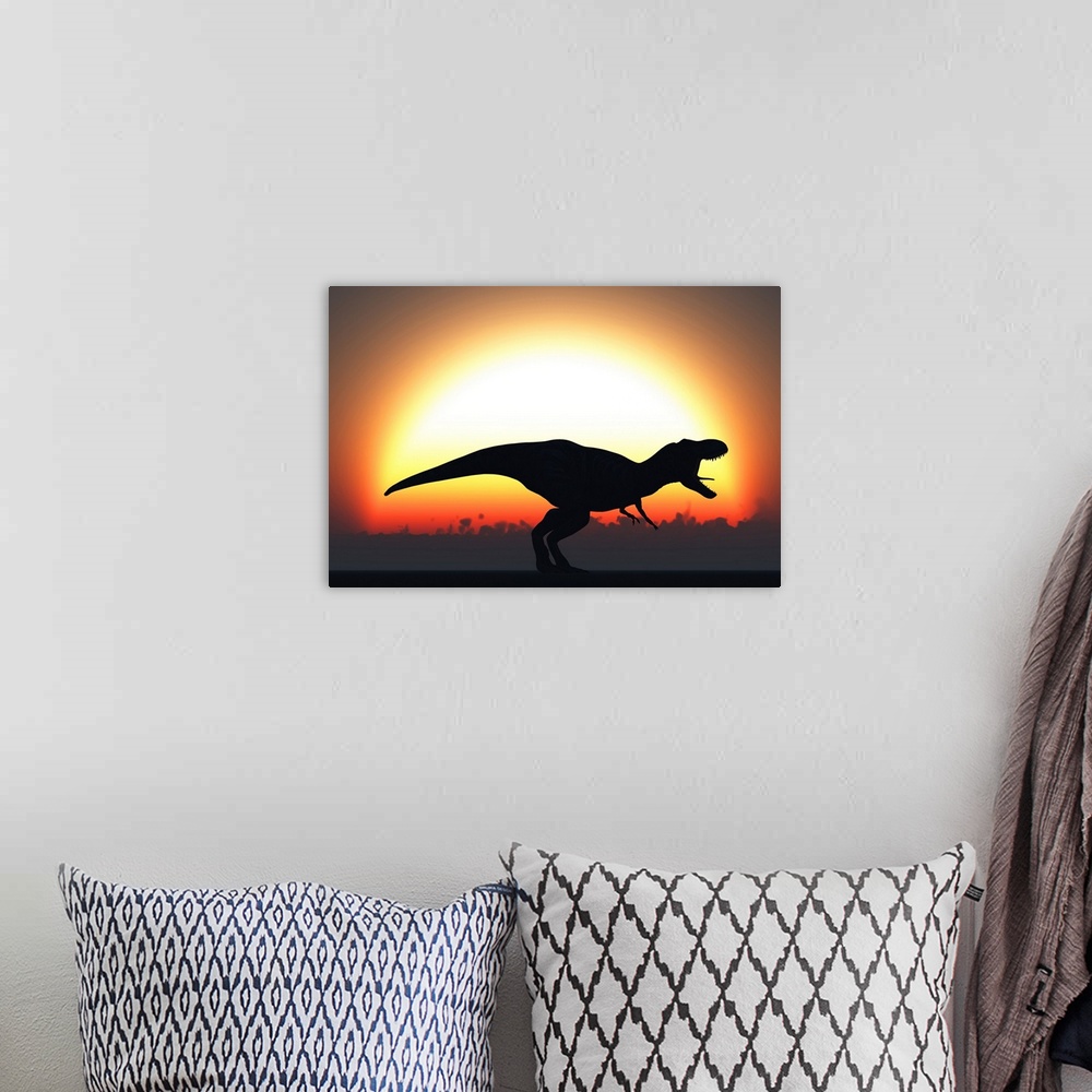 A bohemian room featuring A T. Rex silhouetted against the setting Sun at the end of a prehistoric day.
