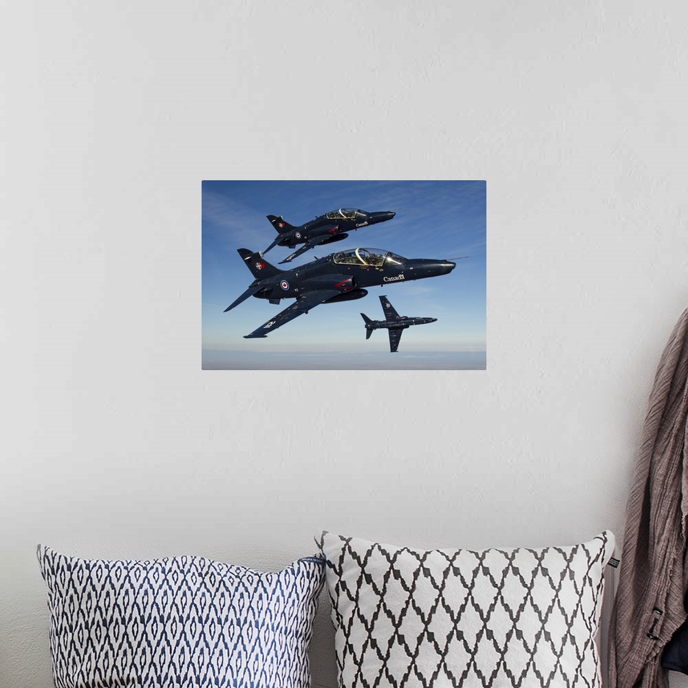 A bohemian room featuring A trio of Royal Canadian Air Force CT-155 Hawk training jets break for the camera.