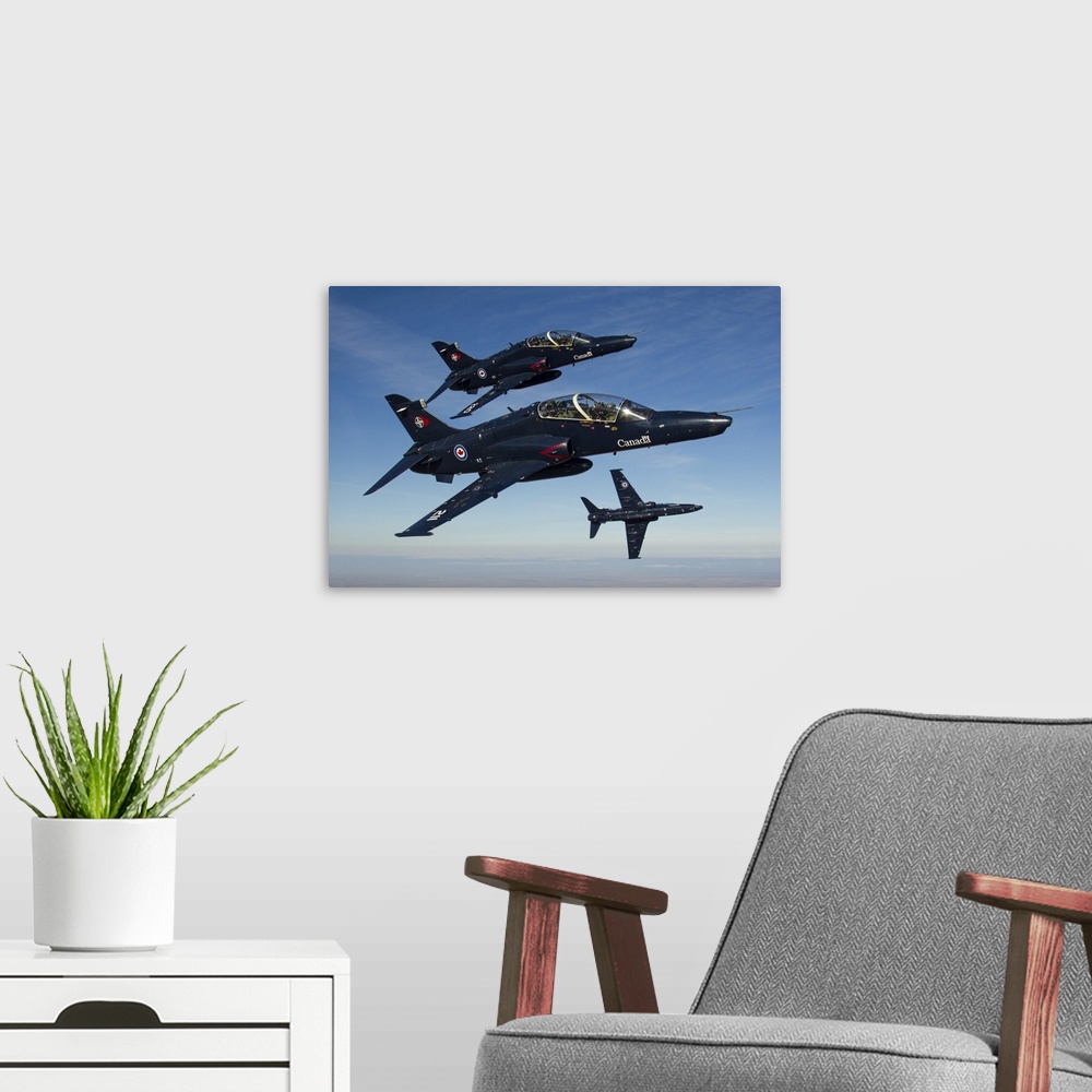 A modern room featuring A trio of Royal Canadian Air Force CT-155 Hawk training jets break for the camera.