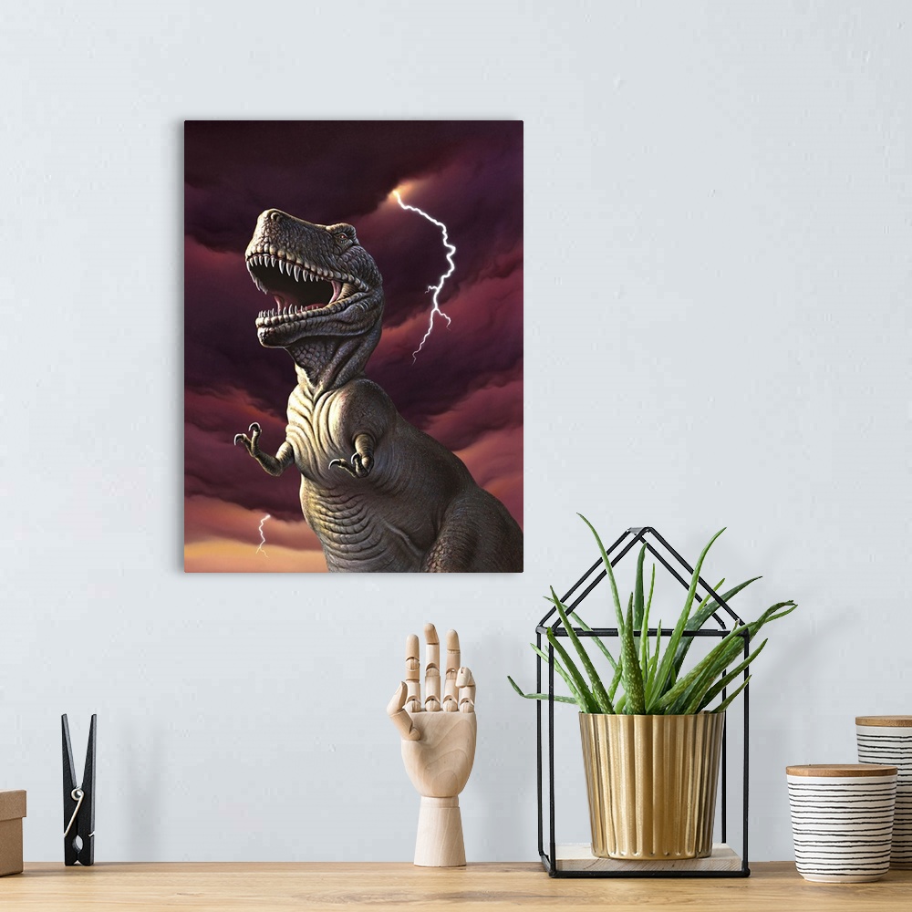 A bohemian room featuring A Tyrannosaurus Rex with a red stormy sky and lightning behind it.