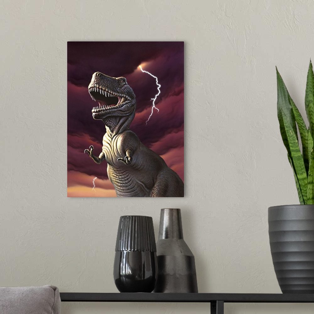 A modern room featuring A Tyrannosaurus Rex with a red stormy sky and lightning behind it.
