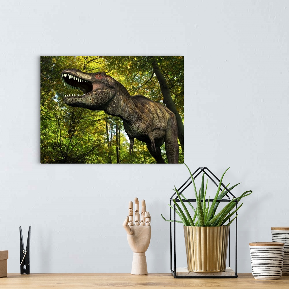 A bohemian room featuring A seven ton Tyrannosaurus wanders a Cretaceous forest 68 million years ago in what is today the W...