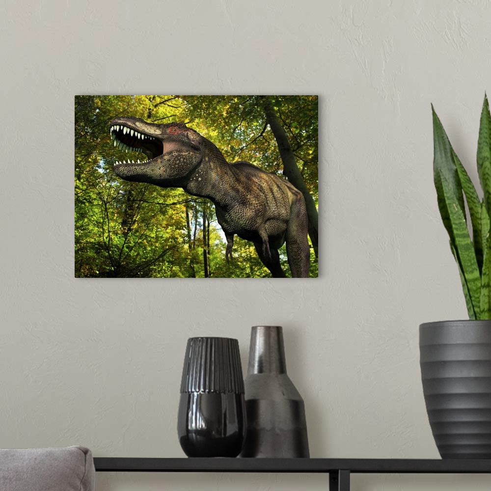 A modern room featuring A seven ton Tyrannosaurus wanders a Cretaceous forest 68 million years ago in what is today the W...