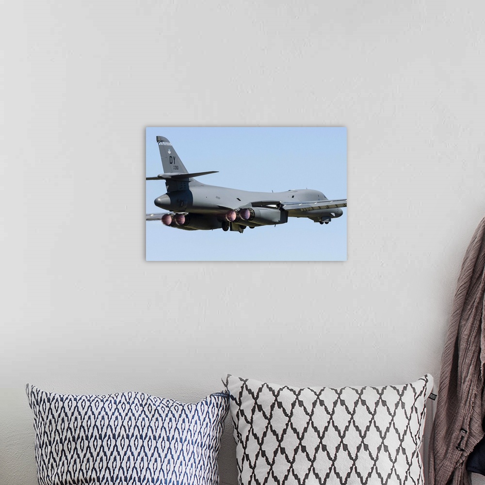A bohemian room featuring A U.S. Air Force B-1B Lancer takes off from RAF Fairford, England.