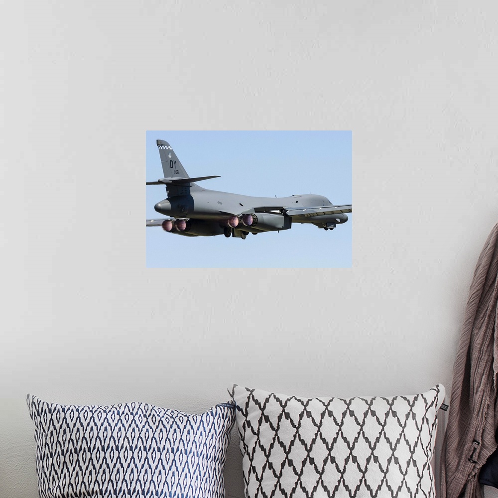 A bohemian room featuring A U.S. Air Force B-1B Lancer takes off from RAF Fairford, England.