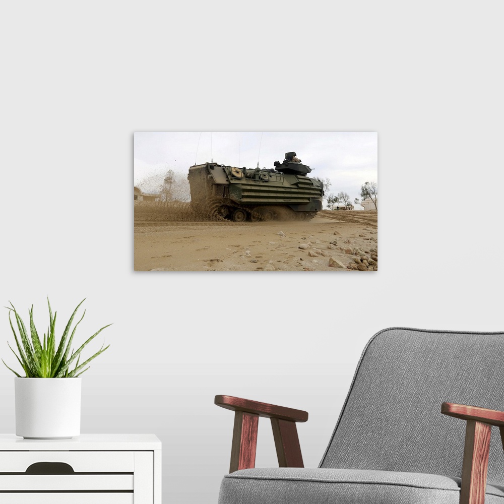 A modern room featuring A U.S. Marine Amphibious Assault Vehicle moves to its objective.