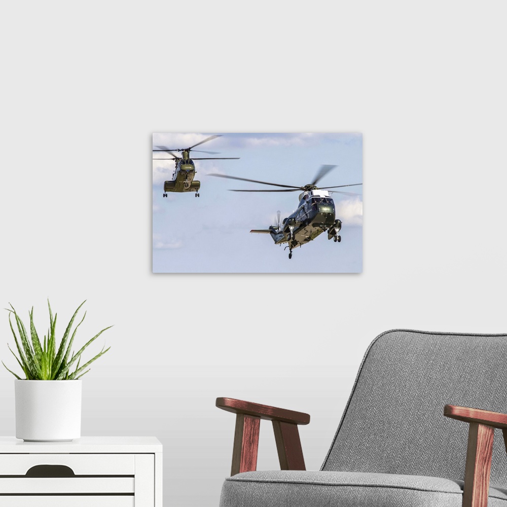A modern room featuring A U.S. Marine Corps VH-3D transport helicopter of HMX-1 comes in to land at DuPage, Illinois, wit...