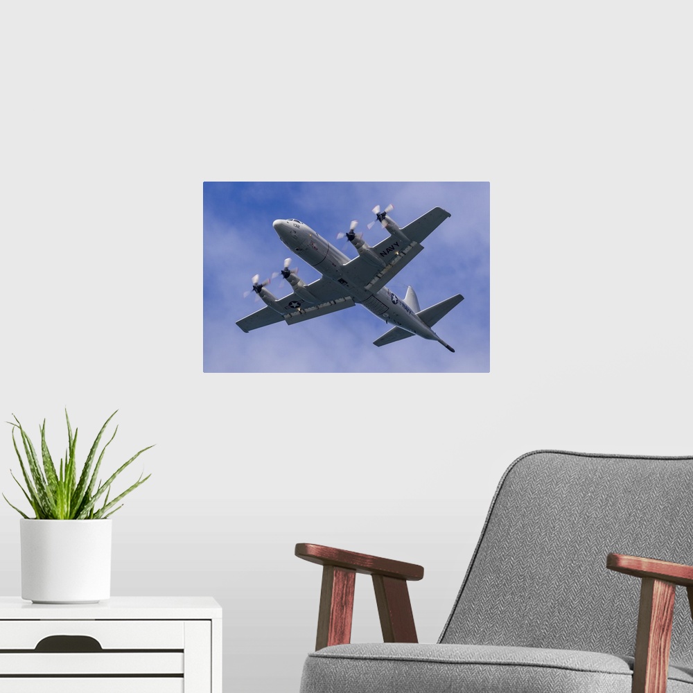 A modern room featuring A U.S. Navy P-3C Orion maritime patrol aircraft overflies Ault Field, NAS Whidbey Island, Washing...