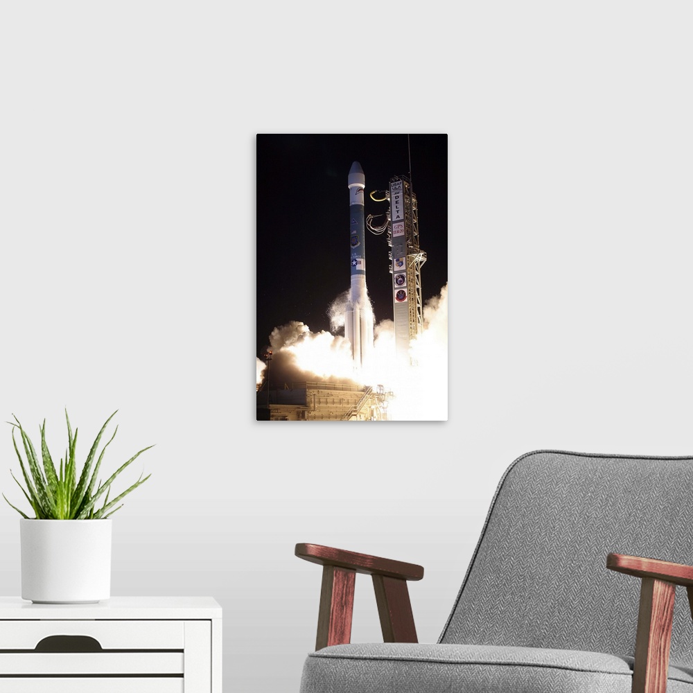 A modern room featuring A United Launch Alliance Delta II rocket lifts off from its launch complex