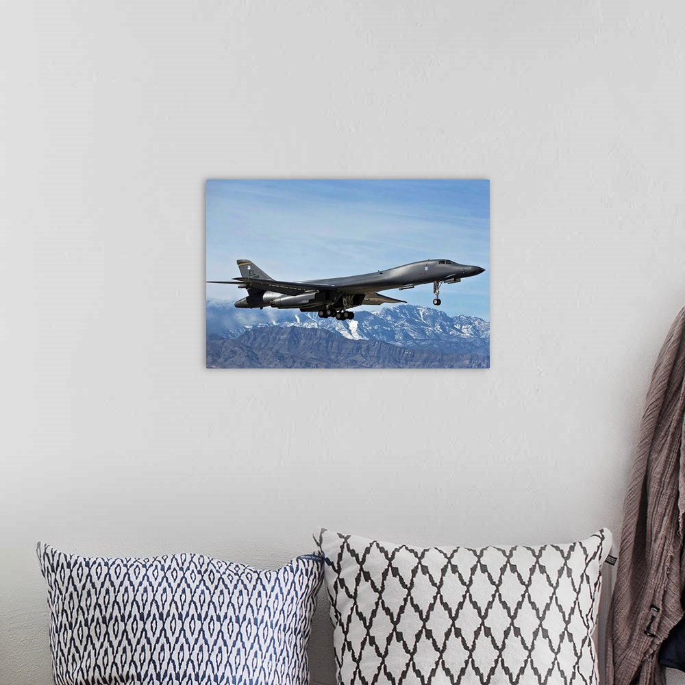 A bohemian room featuring A U.S. Air Force B-1B Lancer departs for a training mission.