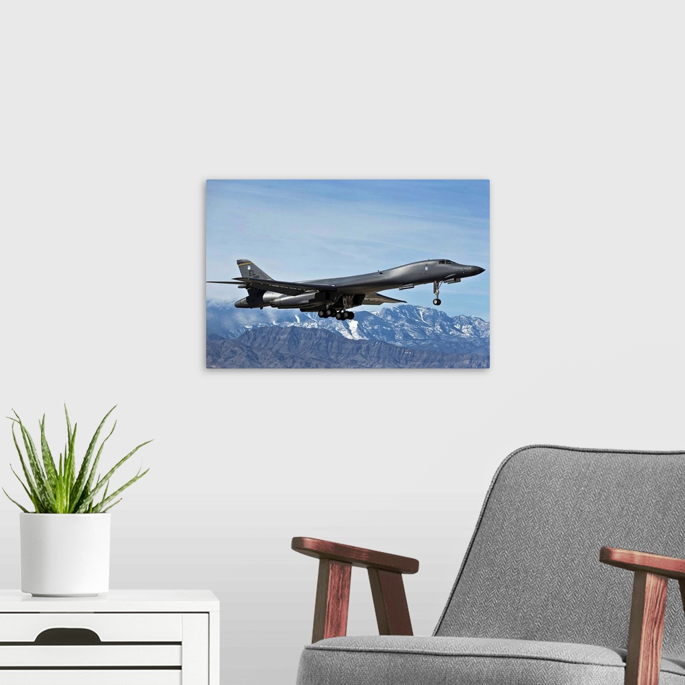 A modern room featuring A U.S. Air Force B-1B Lancer departs for a training mission.