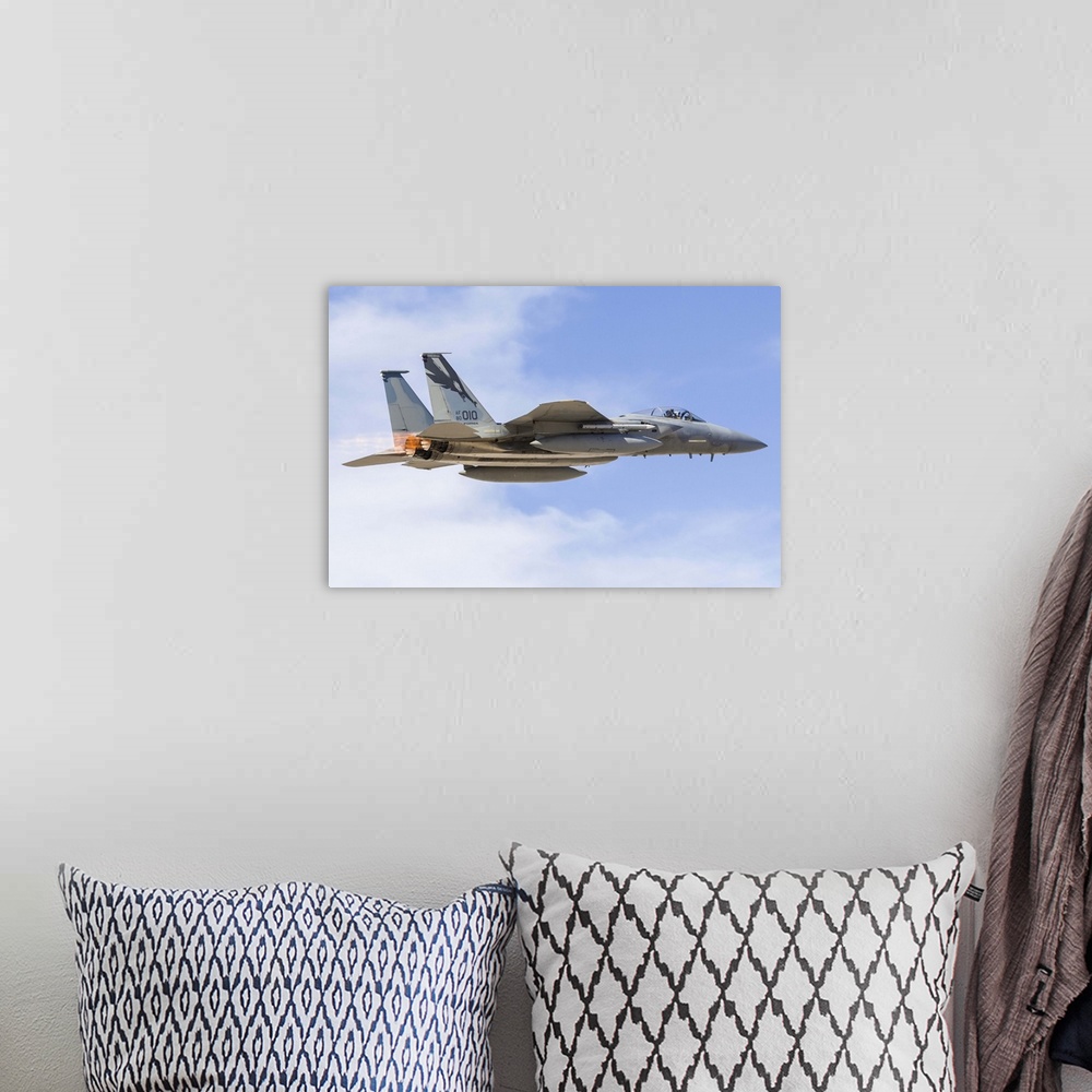 A bohemian room featuring A U.S. Air Force F-15C Eagle taking off from Nellis Air Force Base, Nevada.