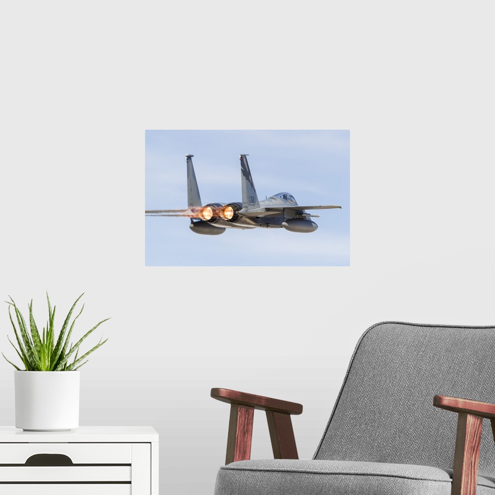 A modern room featuring A U.S. Air Force F-15C Eagle taking off from Nellis Air Force Base, Nevada.